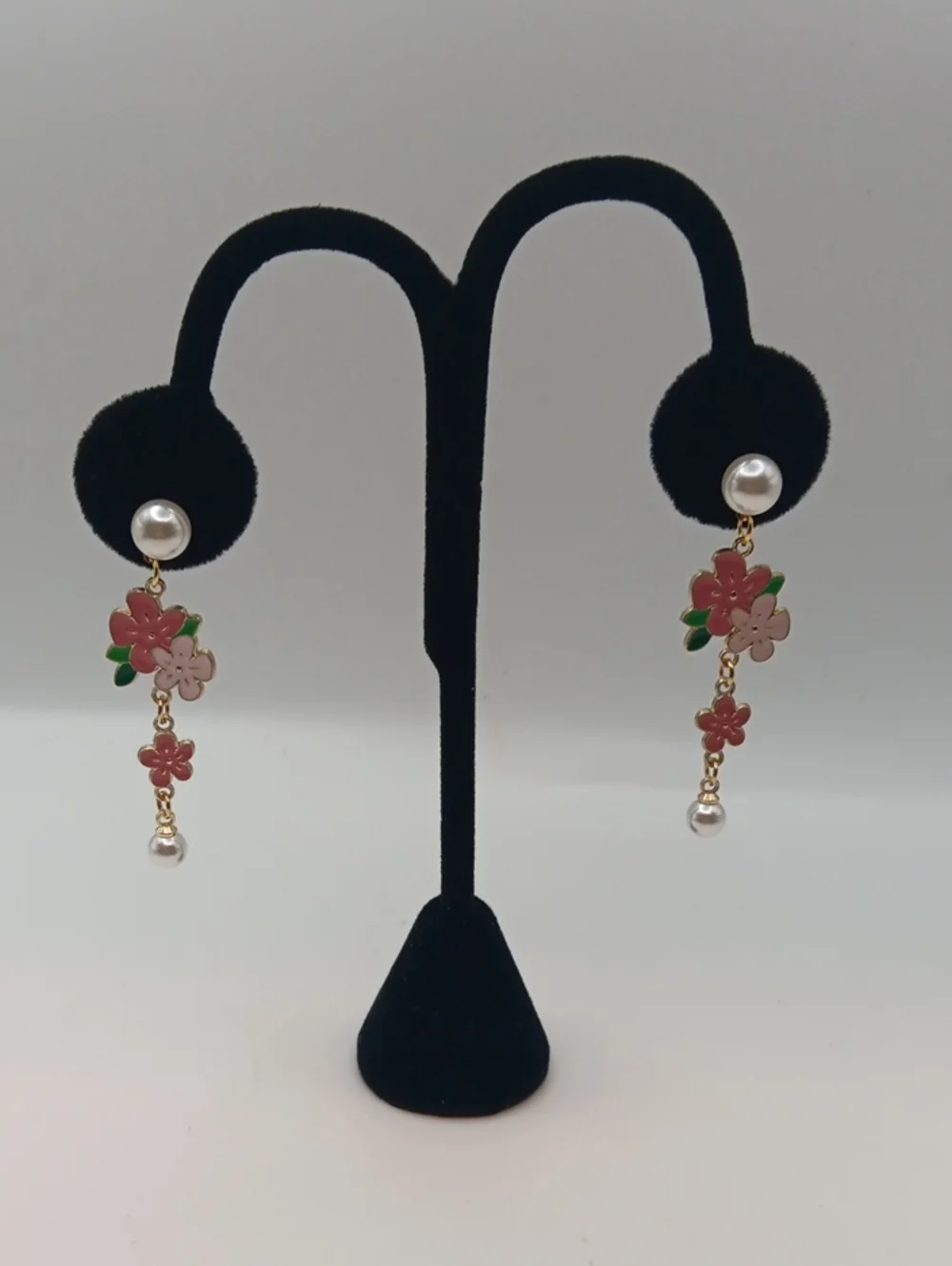 Handmade Gold Floral Pearl Drop Necklace & Earring Set - Pink and Green